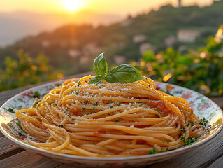 Classic tomato basil spaghetti, served in a vintage, floral porcelain plate, with grated pecorino cheese, on a rustic wooden table, with a Mediterranean sunset in the background.