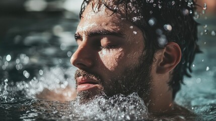 Fototapeta premium Tranquil man with beard enjoying refreshing splash in pool water wellness