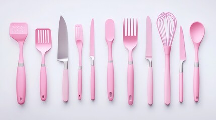 A flat lay of various pink kitchen utensils against a white background.