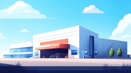 Obraz premium Modern warehouse building with large loading bay doors, parking lot and green trees in front.
