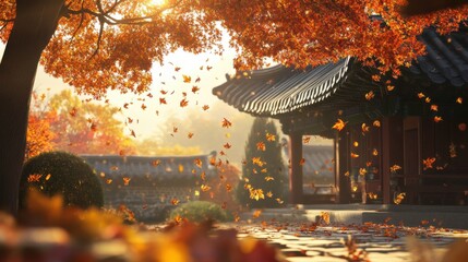 Autumn leaves falling in a traditional Korean garden, with detailed foliage and sunlight.