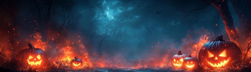 Obraz premium A spooky Halloween scene with carved pumpkins and a misty forest backdrop.