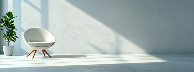 A serene and minimalist indoor space featuring a clean white wall, a stylish chair, and a potted plant, perfect for modern design and tranquility.