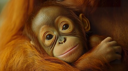 Adorable Baby Orangutan Clinging to Mother for Safety and Comfort