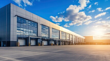 Modern warehouse building with large glass windows and loading docks under a bright blue sky with white clouds.
