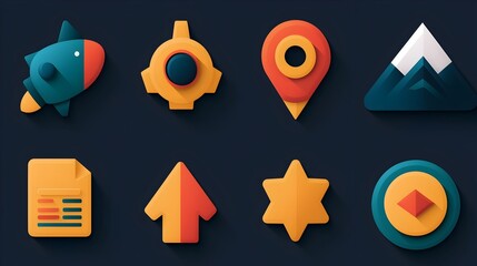 Vibrant and dynamic icon set showcasing a range of cutting edge digital technologies user interfaces and high tech visual styles executed with a bold flat design aesthetic and crisp minimalist edges