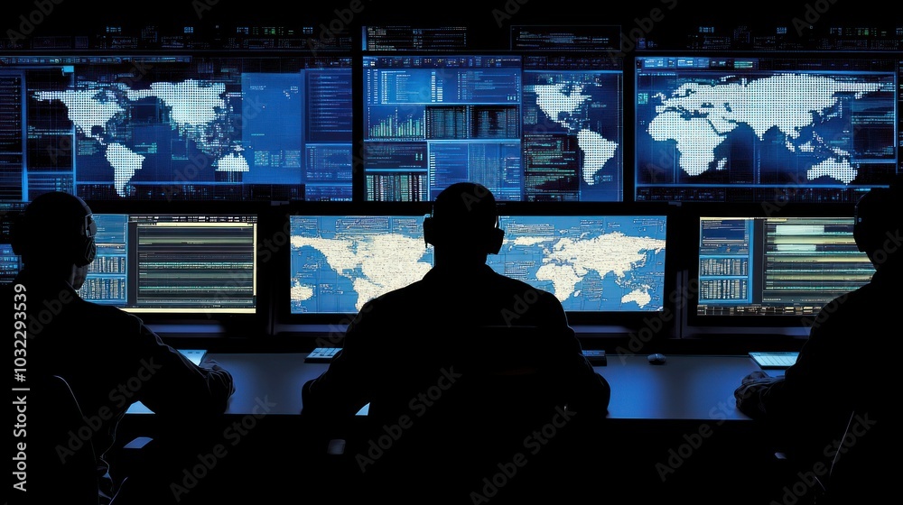 Poster Silhouetted figures working in a dark room with multiple monitors displaying digital maps and code