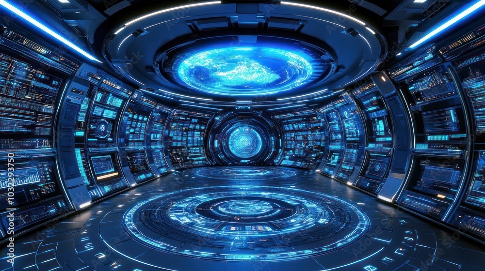 Poster futuristic control room with digital interface and earth projection