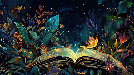 Fototapeta premium A glowing open book surrounded by vibrant, mystical plants in a magical forest, symbolizing imagination and fantasy storytelling.