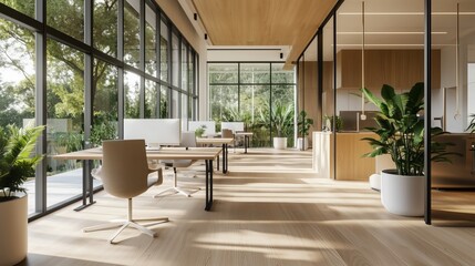 Obraz premium Modern Office with Natural Light: A bright and airy workspace with large windows, hardwood floors, and lush greenery creates a welcoming and productive environment.