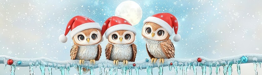 Owls in Santa hats, perched on icicles with a Christmas moonlit sky, cute cartoon 3D illustration