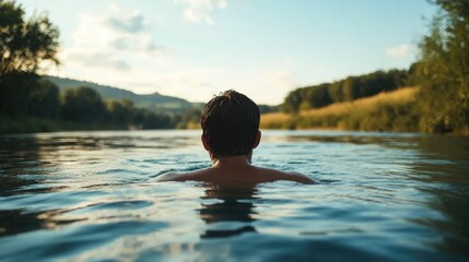 Fototapeta premium Man relaxing in serene river at sunset with lush green trees and hills in background, embracing water wellness