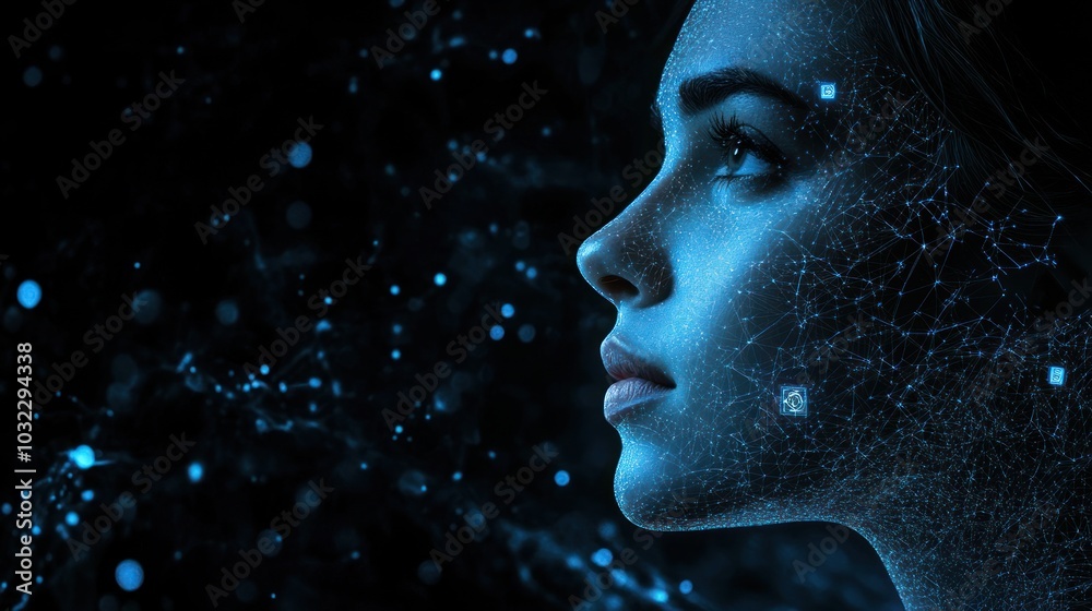 Poster a woman's face covered in a glowing network of lines and dots