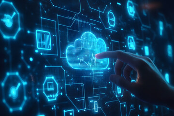Fototapeta premium Hand interacting with a futuristic cloud computing interface, symbolizing data storage, AI, cybersecurity, and digital transformation. Perfect for technology, networking, and innovation themes