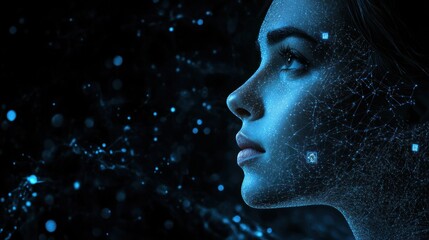 Obraz premium A Woman's Face Covered in a Glowing Network of Lines and Dots