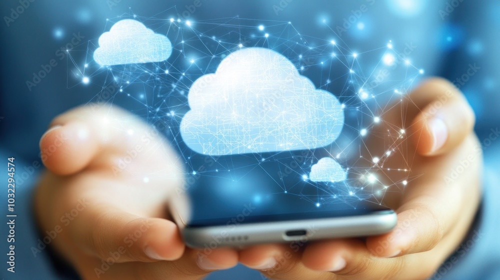 Poster Hand Holding Smartphone with Cloud Computing Symbol and Network Connections