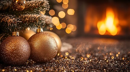Fototapeta premium Sparkling Ornaments on Christmas Tree by Fireplace