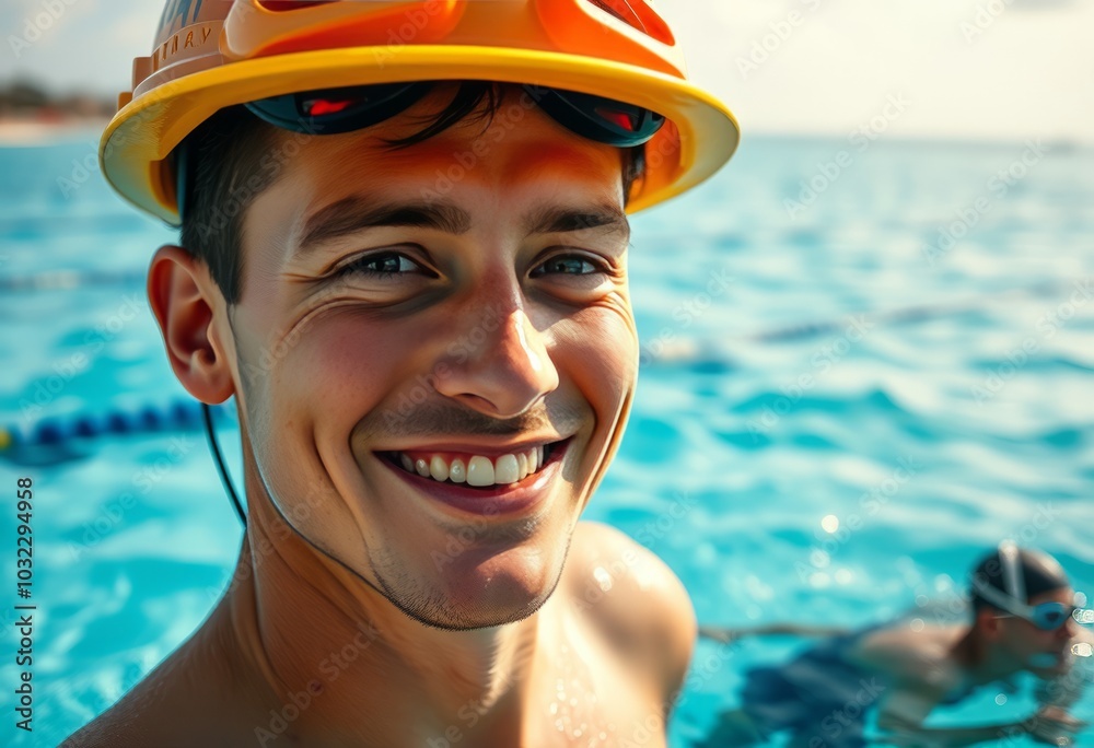 Wall mural a lifeguard watching over swimmers with a grin on their face in