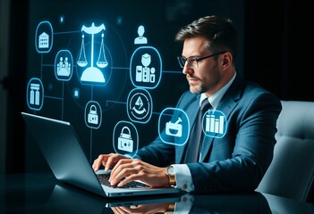 A holography image of a businessman accessing legal services ico