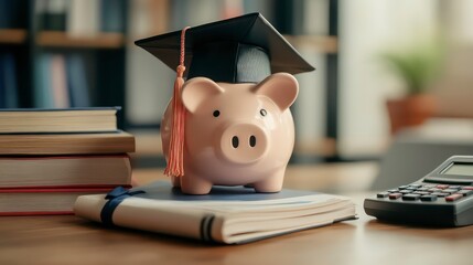 A piggy bank wearing a graduation cap sits atop a stack of books with a calculator nearby, symbolizing saving for education.