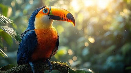 Vibrant Toucan Perched on Branch in Lush Rainforest
