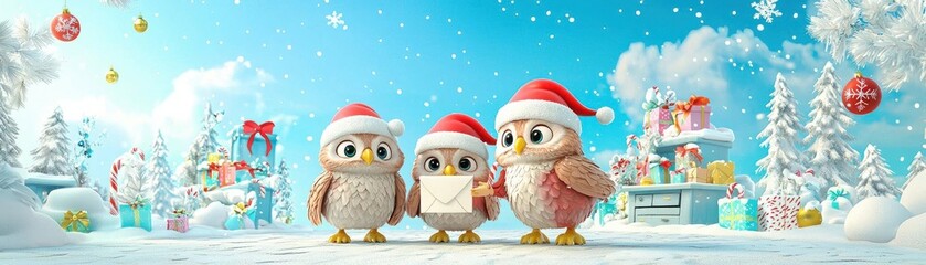 Owls wearing Santa hats, delivering letters to Santa, snowy post office scene, cute cartoon 3D illustration
