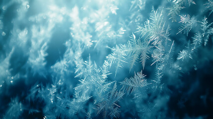 Close-up of frozen window with delicate ice patterns and sharp frost formations, subtle light reflections in cool white and blue tones, perfect for winter textures