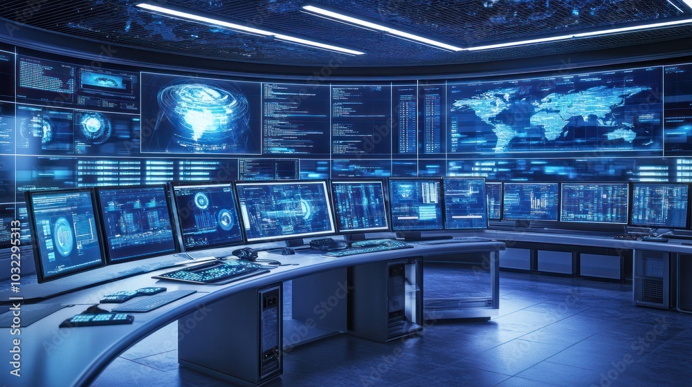 Poster Futuristic Control Room with Multiple Monitors Displaying Data and Maps