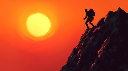Fototapeta premium A lone hiker stands on a mountain peak at sunset, silhouetted against the bright orange sky.
