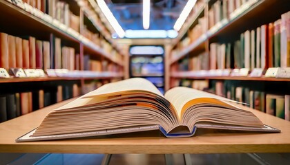 Fototapeta premium Beige book displayed on a stand in a well lit bookstore, welcoming readers. Generative AI