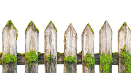 Fototapeta premium A wooden fence with pointed tops, partially covered in moss, set against a transparent background.