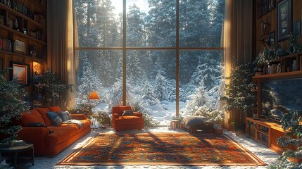 Cozy Living Room with a Snowy View