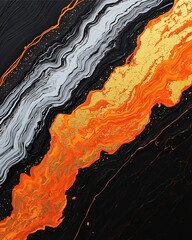 A vibrant abstract artwork featuring swirling colors of orange, gold, silver, and black, creating a dynamic and energetic visual impact.