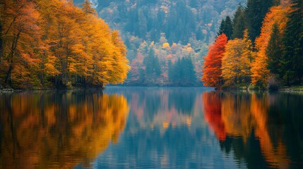 Obraz premium Breathtaking Autumnal Landscape Reflected in Serene Mountain Lake