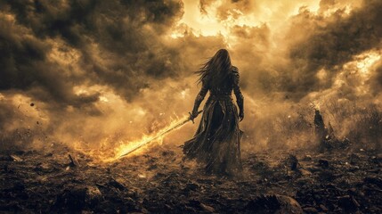 Obraz premium A lone warrior with a flaming sword stands in a field of battle, silhouetted against a fiery sky.