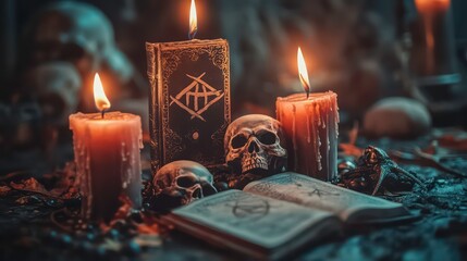 Three lit candles, a book, and skulls are on a dark, ancient altar.