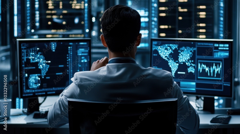 Poster A Man Working at a Computer in a Server Room