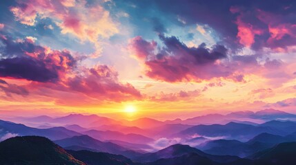 Obraz premium Breathtaking Sunset Over Scenic Mountain Landscape with Dramatic Clouds