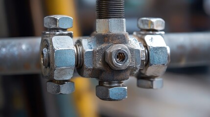 Close-up of a pipe repair clamp with visible bolts and screw threads, showing intricate details.