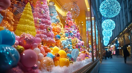 Fototapeta premium Brightly Decorated Christmas Window Display