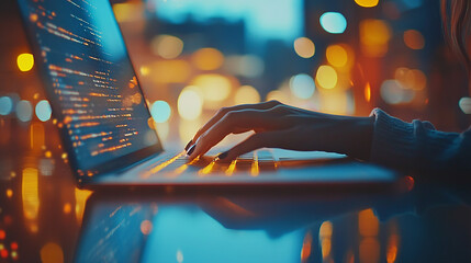 Woman programmer hand type configuration code on at laptop for check software function for fix bug and defect of security system in dark datacenter room for engineering and technology concept.