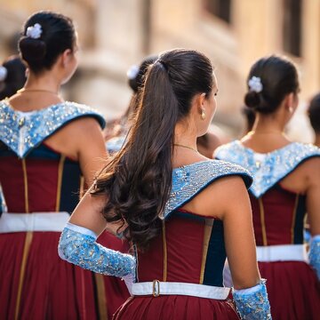 beautiful young majorettes parading in the street, AI generated