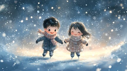 Cute Chibi Couple Ice Skating Together in Winter Wonderland