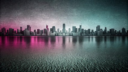 Obraz premium A city skyline reflects on a calm body of water, with a gradient of pink and teal hues in the sky. The scene conveys a sense of tranquility with a touch of surrealism with copy space.AI generated.