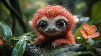 Fototapeta premium A cute, cartoon-style sloth with big eyes looks at the camera in a lush, green rainforest setting.