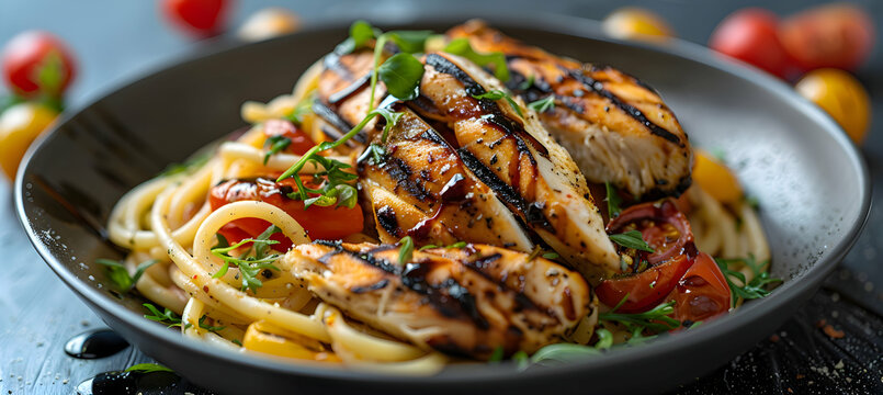 Gourmet pasta primavera with grilled chicken and a drizzle of balsamic glaze