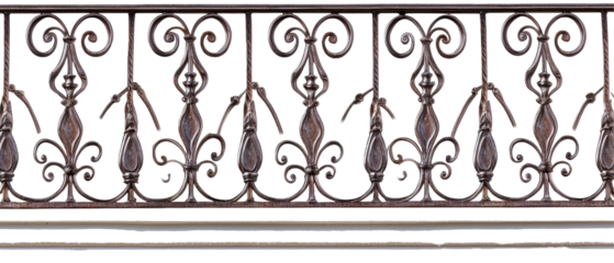 A decorative wrought iron railing featuring intricate swirls and floral patterns, adding elegance and security to a space.
