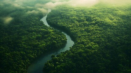 Lush Green Canopy and Winding River in Remote Tropical Rainforest Landscape