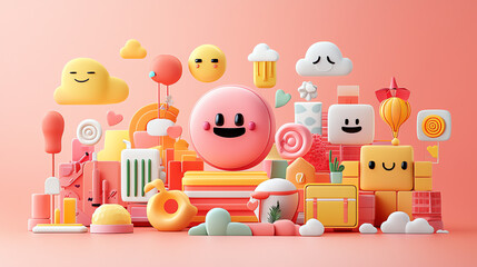 Obraz premium Emoji icons in geometric shapes, visual symbols floating, modern 3D aesthetic, 3D illustration