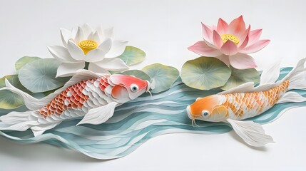 3D paper-cut art, koi fish swimming in the water with lotus flowers on top of them, delicate details, colorful on a white background